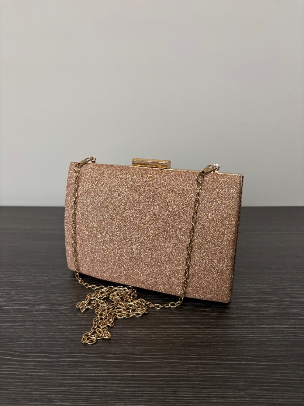 Rose Gold Glitter Box Clutch Evening Bag Wedding Prom Chain Purse